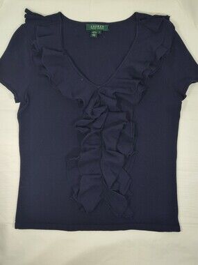 Ralph Lauren Women's Dark Navy Cap Sleeve Ruffle Front V Neck Sweater Size Small